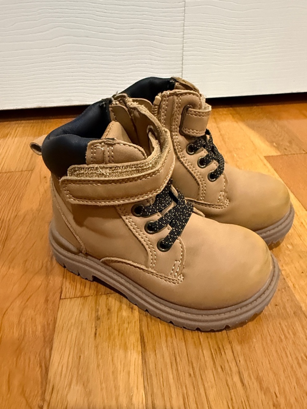 wonder nation Tan and Black Kids 8 Lace-Up Boots w Hook-and-Loop Strap & Zipper